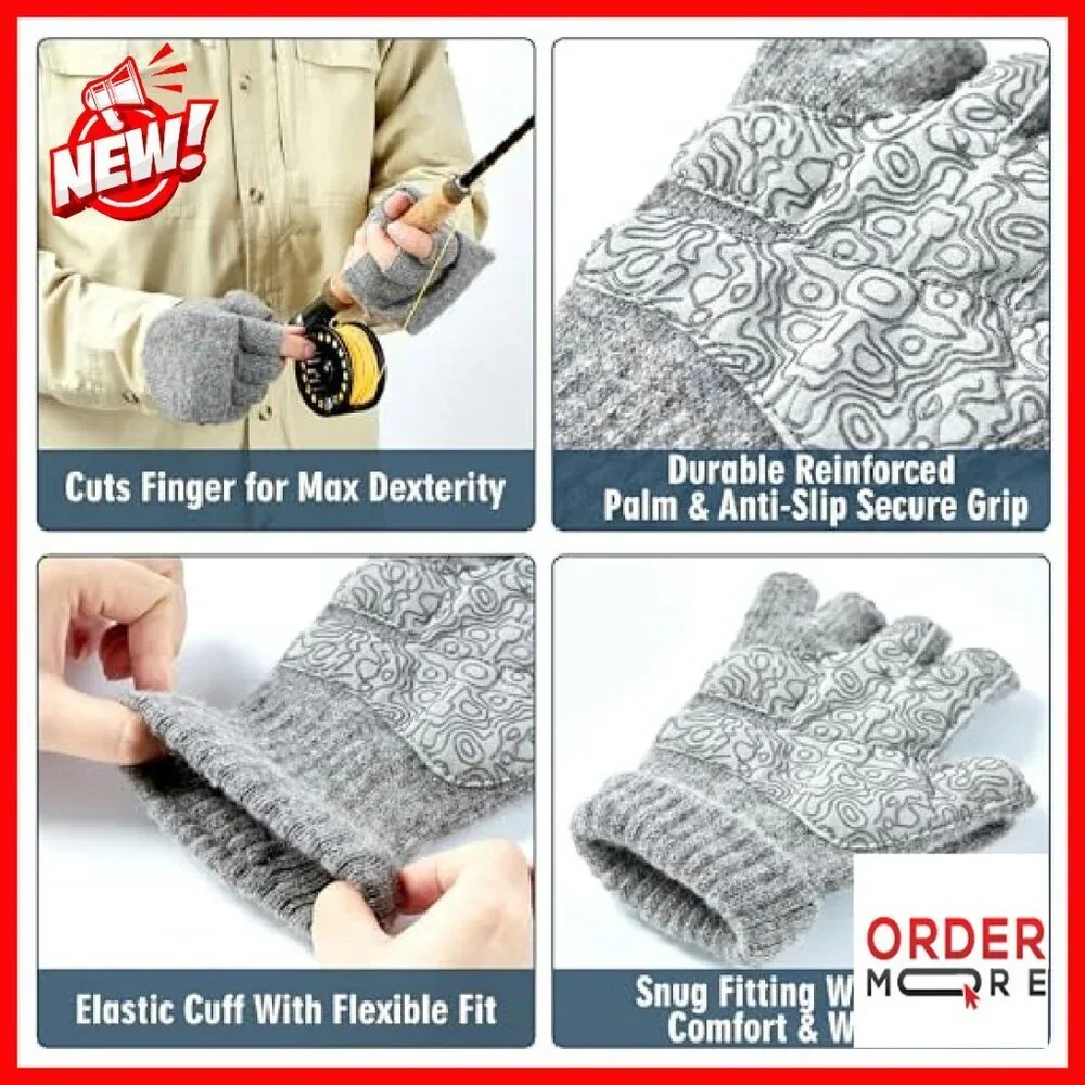 Magnetic Convertible Mittens Wool Fingerless Gloves Warm Cold Weather